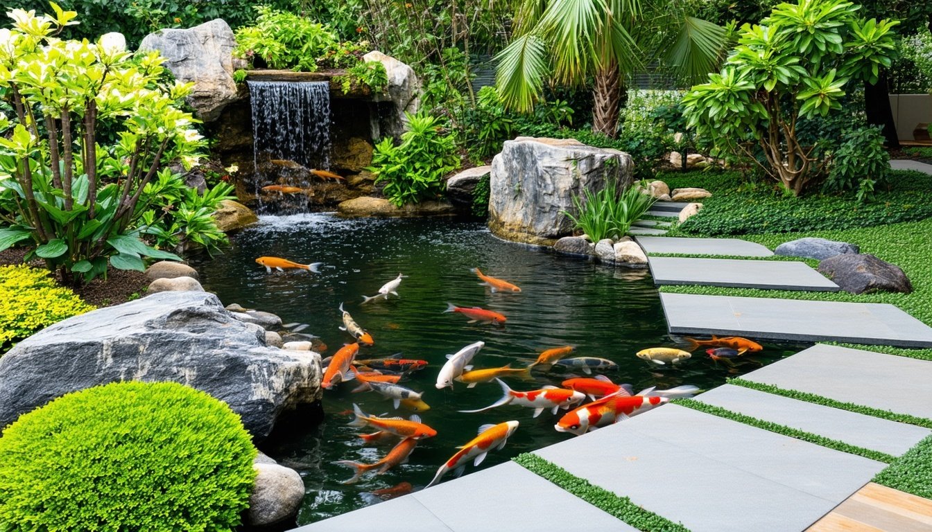 Custom koi pond with lush landscaping